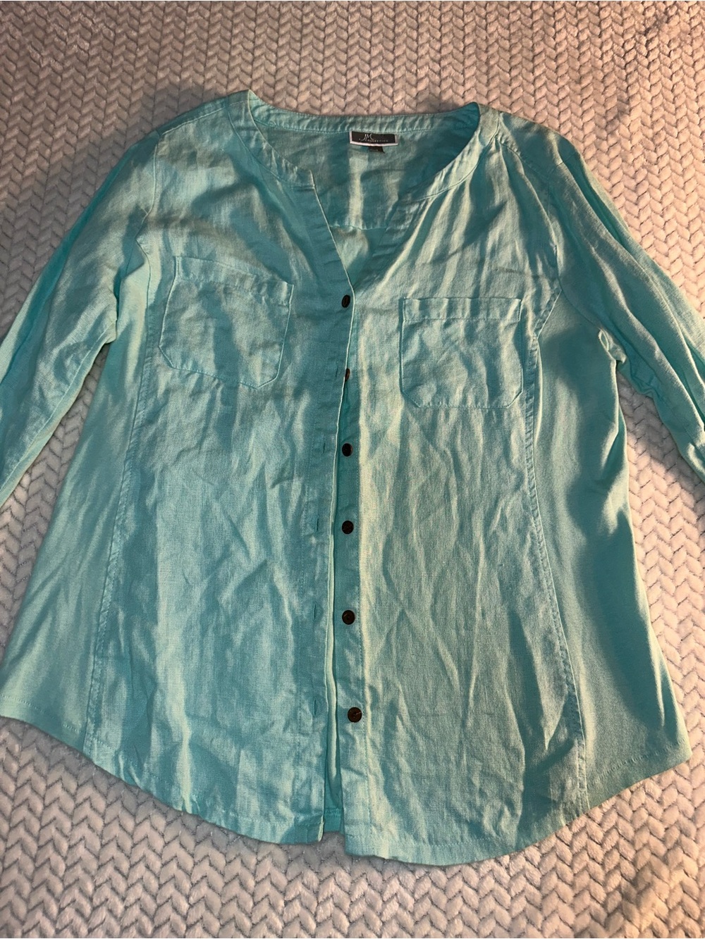 JM Collection Womens Blouse Size 10 Blue Long Sleeve 100% Linen Top